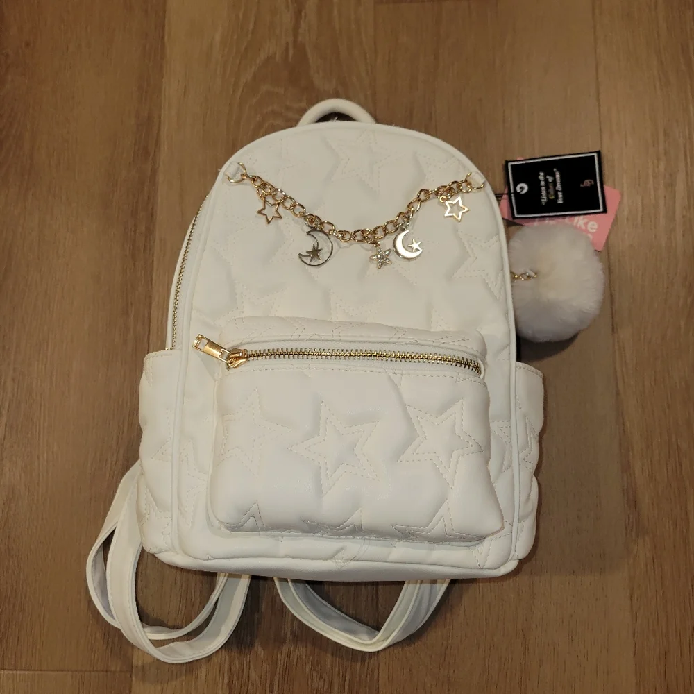 Like Dreams Quilted Stars and Moon Small White Backpack With Pom Pom New